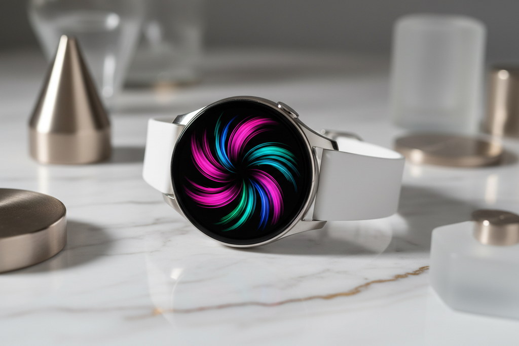Die Samsung Galaxy Watch 8 kombiniert fortschrittliche Technologie mit elegantem Design. Das 3,81 cm große AMOLED-Display mit 480 x 480 Pixeln bietet gestochen scharfe Farben und tiefe Schwarzwerte. farbe weis auf schönen hintergrund